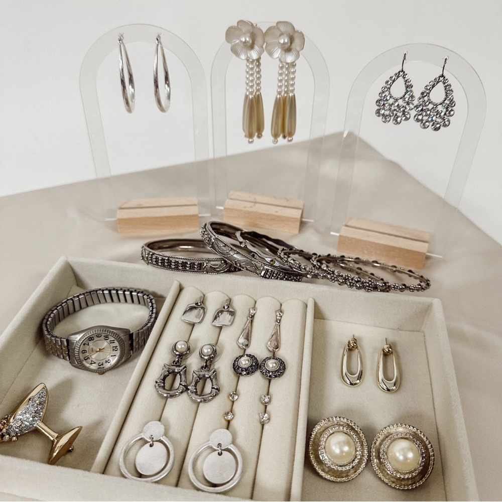 Vintage Silver Jewelry Lot, 12 pair of earrings, 1watch, 1 brooch, 5 bracelets